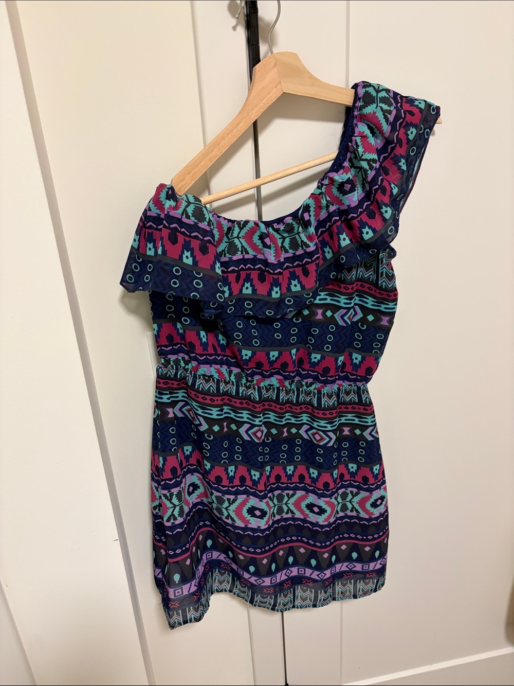 One-Shoulder Tribal Print Dress in Navy, Teal & Magenta